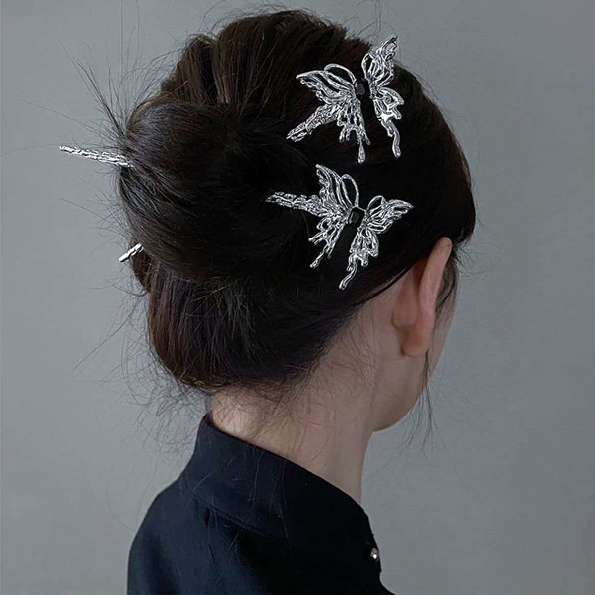 baguette pour cheveux, Épingle à cheveux papillon antique en forme de U, baguettes à cheveux, épingles à cheveux de fixation de chignon, bâtons de cheveux à pompon papillon en métal, accessoires de pi