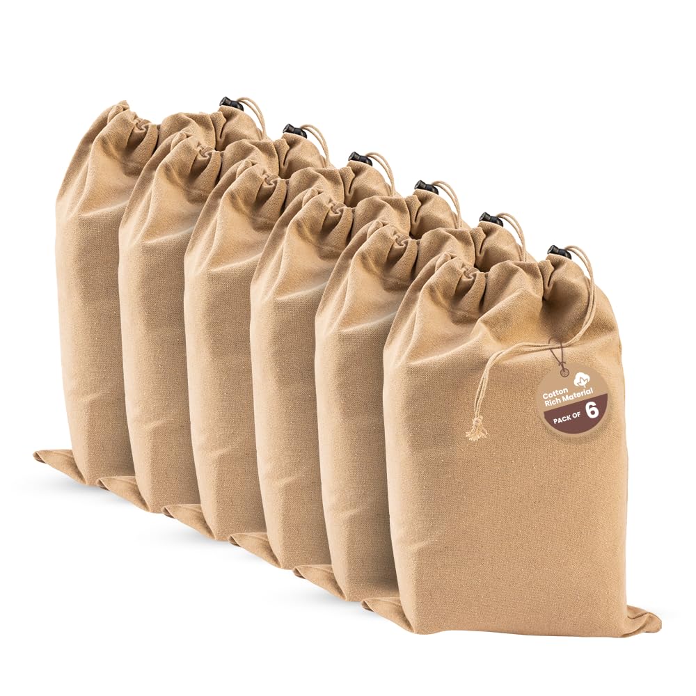 LFH Cotton Rich Shoe Storage Bags with Drawstring, Dustproof Breathable Reusable Organizer, Perfect For Travel, Dorm, Hotel, College, Gym, Easy to Carry, Machine Washable 12"x17" (Pack of 6) - Beige