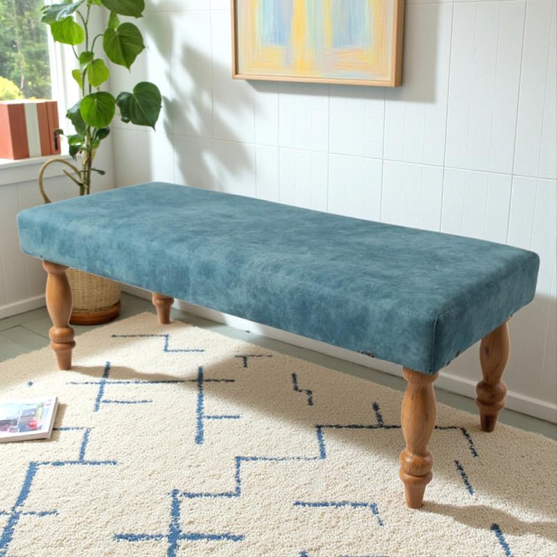 Ikiriya Stylish Cairo Sheesham Wood Accent 3 Seater Bench, Blue Jacquard Work Fabric (48x16x16 Inches, 1 Yr Warranty)-image-9