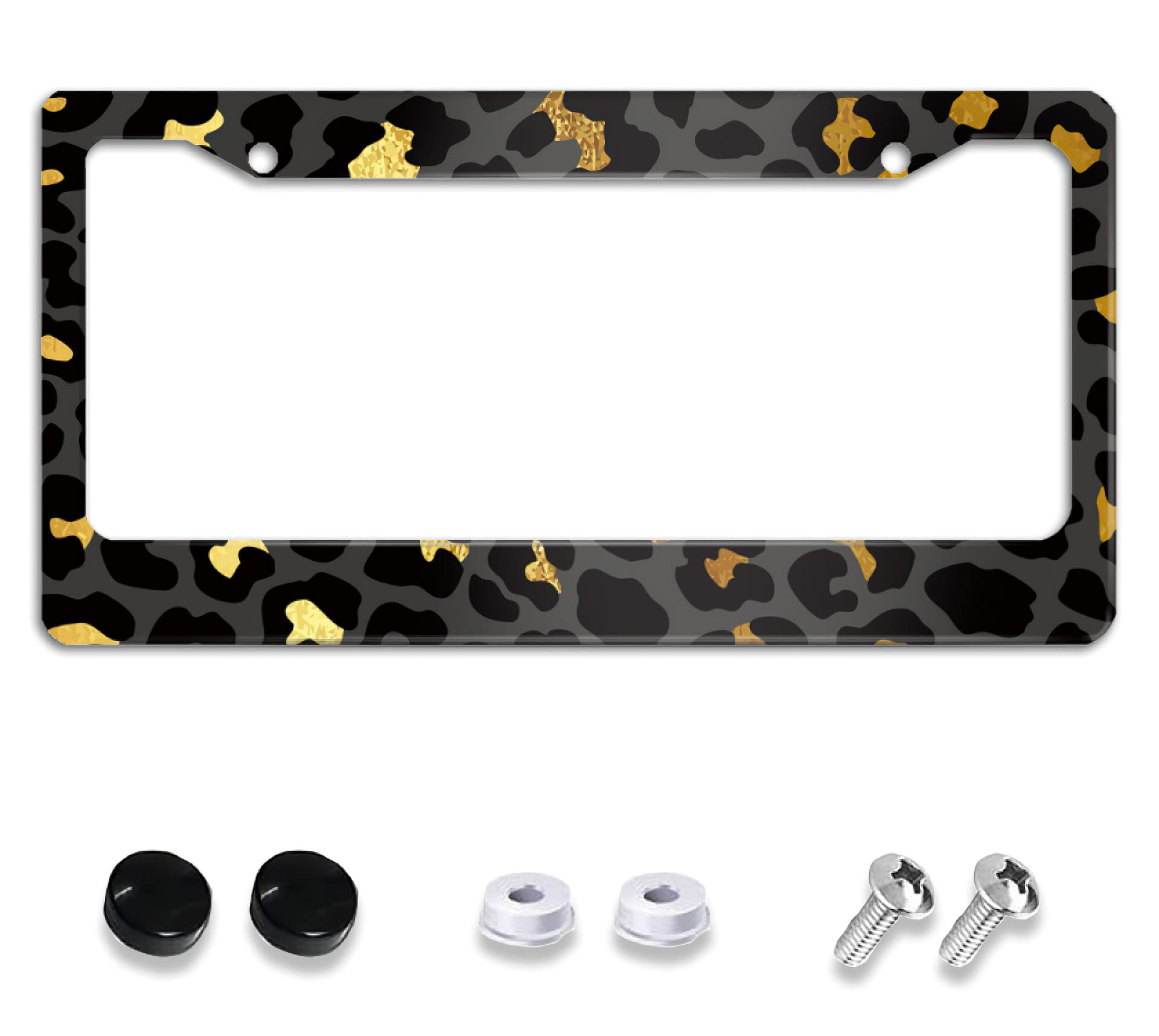Meikosks Gold Leopard Print License Plate Frame Metal Aluminum Car Cover Tag Holder Frames for Women Cute Animal Dec,2 Holes with Screw Caps US Vehicles Standard 12x6 Inch