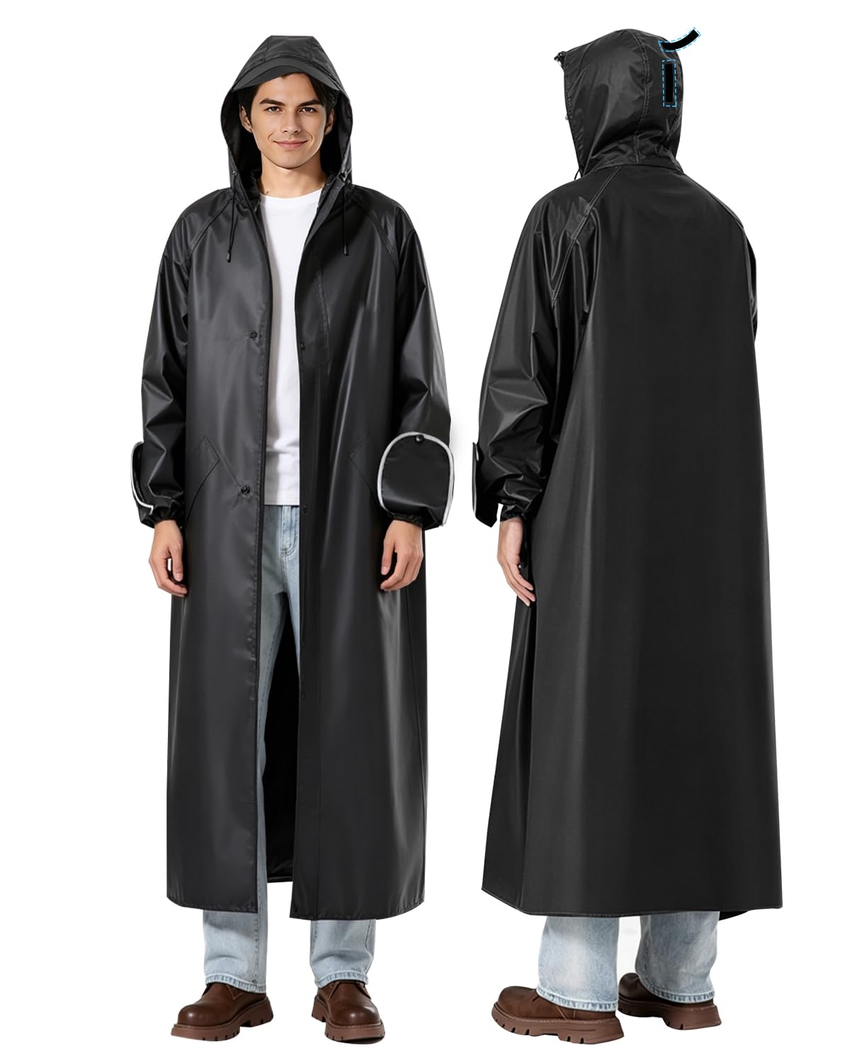 isabrella Long Rain Coat for Men Waterproof, 15000mm H₂O Durable Oxford Unisex Raincoat with Adjustable Wide Brim Hood, Foldable Gloves & Double Zipper for Hiking, Motorcycle Riding-picture-17