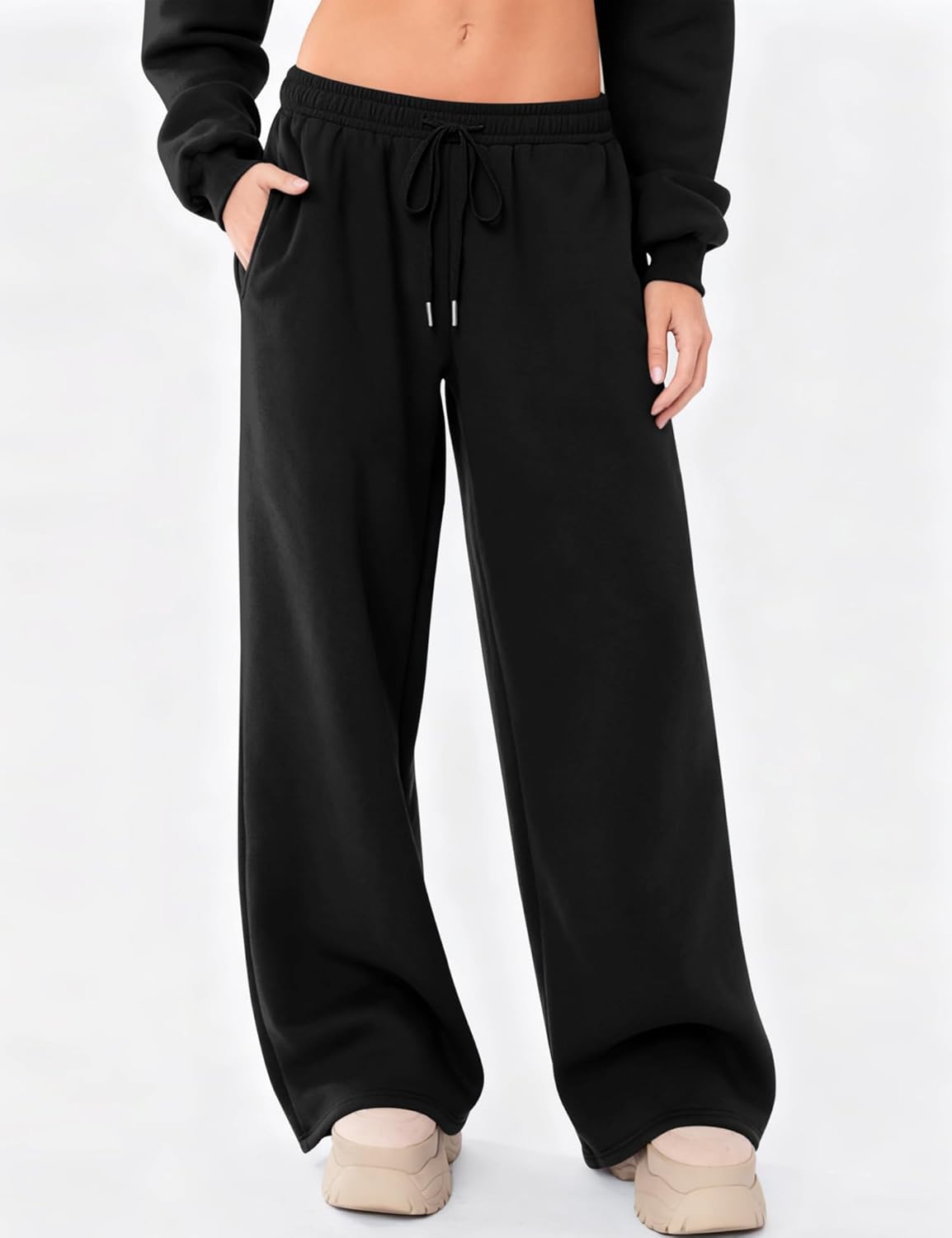 LOMON Women's Sweatpants Wide Leg Fleece Lined Sweat Pants Spring Winter Clothes 2026 Baggy Drawstring Joggers with Pockets - Image 2