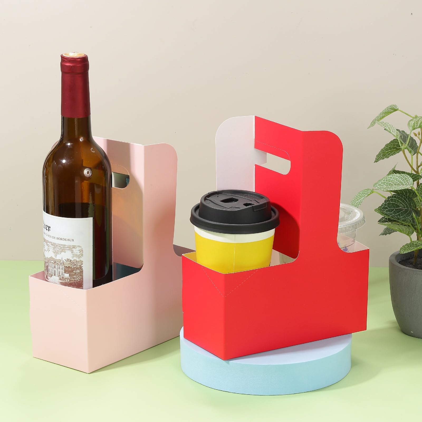 PATIKIL Lot de 25 porte-gobelets avec poignée en carton kraft pour boissons chaudes ou froides, sacs cadeaux floraux, boîtes d'emballage pour fête, rose