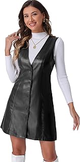 Faux Leather Dress for Women's Pinafore Button Down V Neck Sleeveless Mini Overall Dresses - Buy now