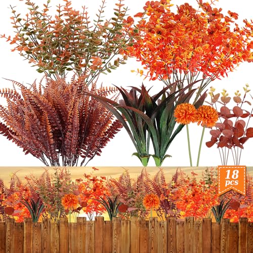 LELEE 18 Bunches Fake Plants for Outdoors Fall Artificial Flowers Outdoor UV Resistant Boxwood Fake Faux Mums Autumn Plants for Thanksgiving Patio Garden Porch Window Fall Decor