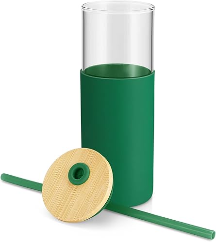 Miniatura 8 de Tronco Vaso de vidrio de 24 onzas con popote y tapa, taza de vidrio con tapa y pajita, taza de batido, taza de café helado, tapa de bambú y funda