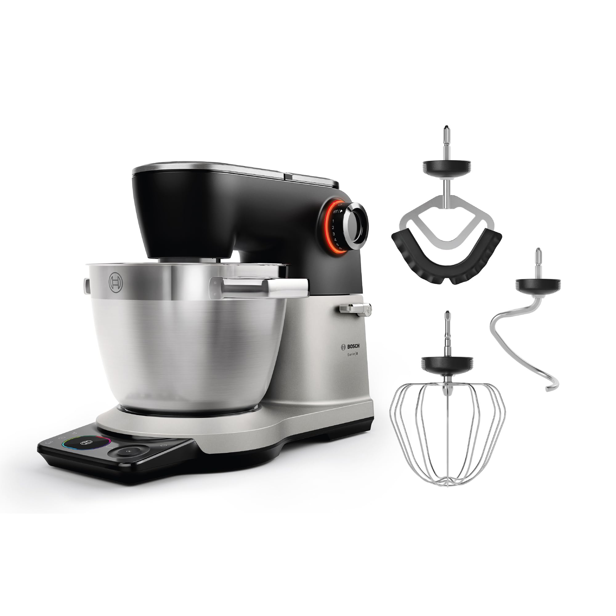 Bosch, robot kuchenny Serie 8, z wagą, silnik 1800 W chłodzony powietrzem, system mieszania planetarnego 3D, zestaw cukierniczya, misa 6,0 l, czarno-srebrna, metalowa obudowa, MUMS8ZS00