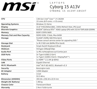 msi Cyborg 15 A13VE-656IT, Notebook Gaming, 15,6" FHD 144Hz, Intel i7-13620H, Nvidia RTX 4050 GDDR6 6GB, 1TB SSD PCIe4, DDR5 16GB, WiFi 6, Win11 Home [Layout e Garanzia ITA]