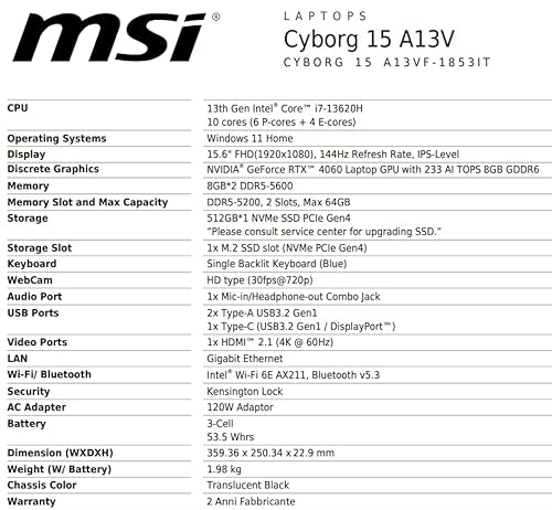 Cyborg 15 A13VF-1853IT, Notebook Gaming, Intel Core i7-13620H, Nvidia RTX 4060 8GB GDDR6, 16GB RAM DDR5, 512GB PCIe4, WiFi 6E, Win 11 Home [Layout e Garanzia ITA] - Notebook - Immagine 2