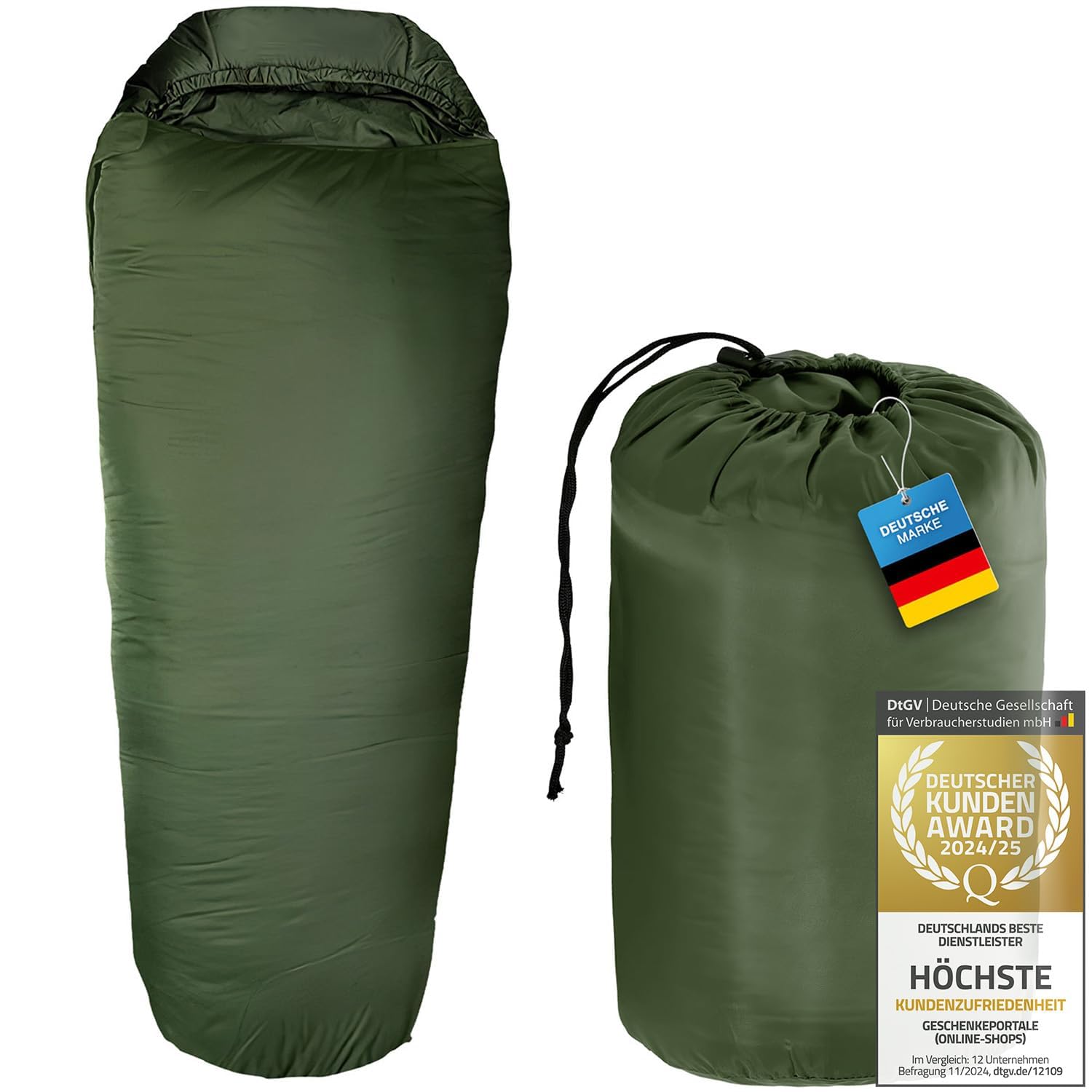 Mumien-Schlafsack Thermo 3-Jahreszeiten High-Tech Mikrofaser Schlafsack bis -13°C; Leicht, Kompakt, Warm (Olivgrün)