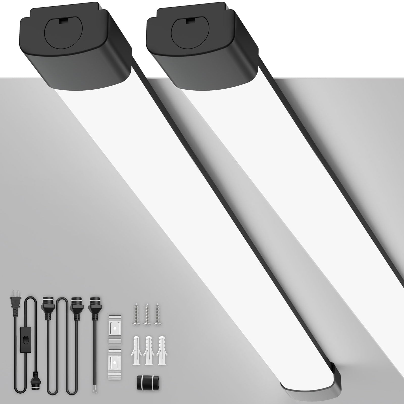 led garage lights 4ft 2pcs linkable plug in ceiling light fixture, 5000k workbench tube light with switch, 36w overhead light bar for room shop cabinet closet kitchen, ip65 waterproof, black