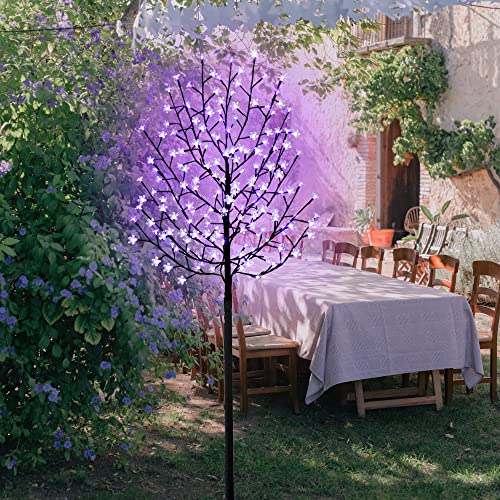 FUCHSUN Solar Led Blossom Tree 6 FT Garden Tree Light with 200 Flower Led Lights Outdoor Pathway Light for Spring Decoration (Purple)