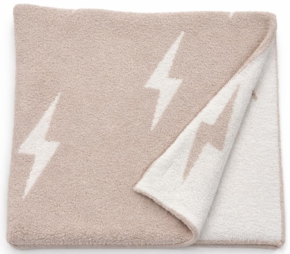 Image of L+L USA Lightning Bolt Baby Blanket 28 inchx40 inch - DreamSoft Knit Throw for Crib, Stroller or Car Seat - Soft Blanket /Newborn Nursery Gift Essential for Toddler, Infant, Kids, Boys & Girls (Tan /White)