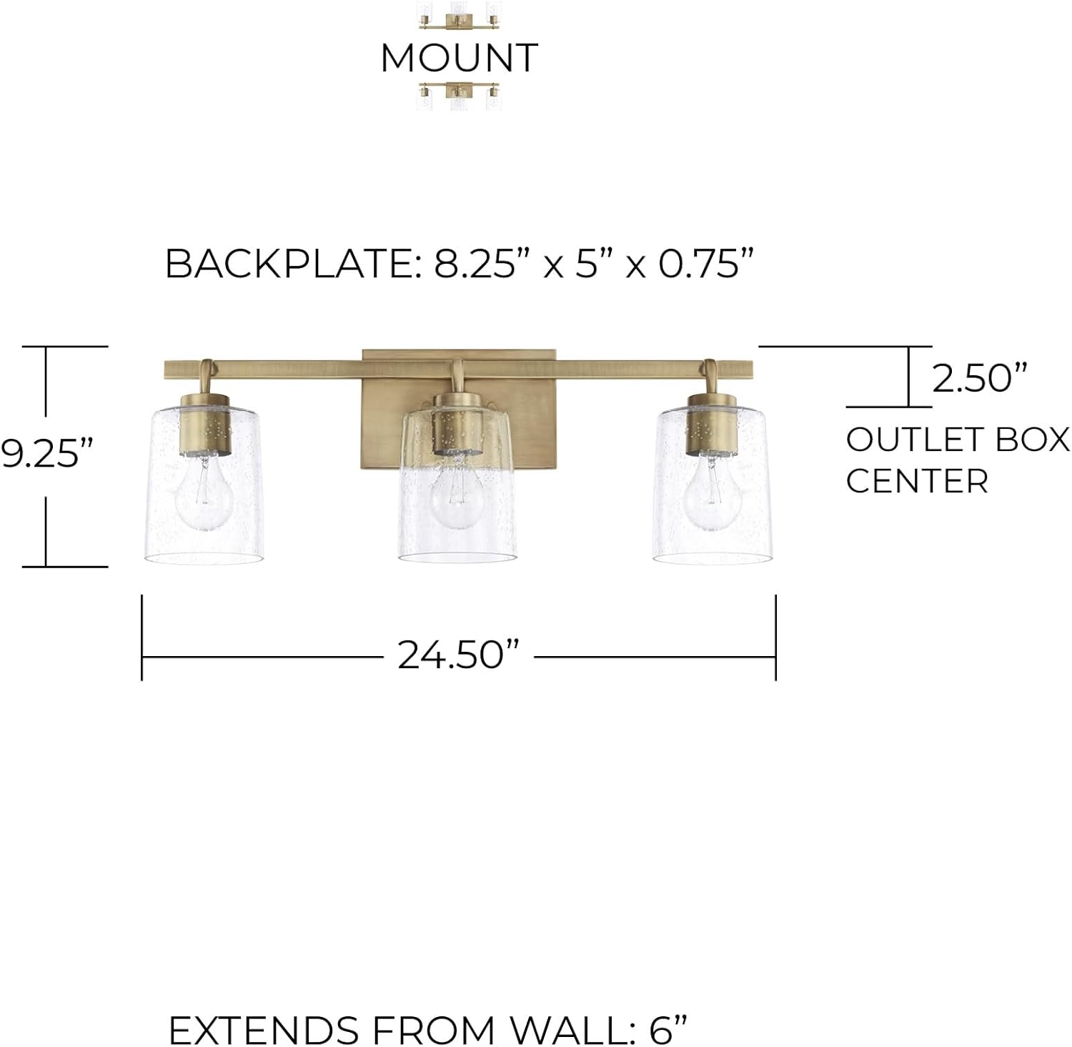 Elegant Greyson 3-Light Vanity in Aged Brass with Seeded Glass Shades