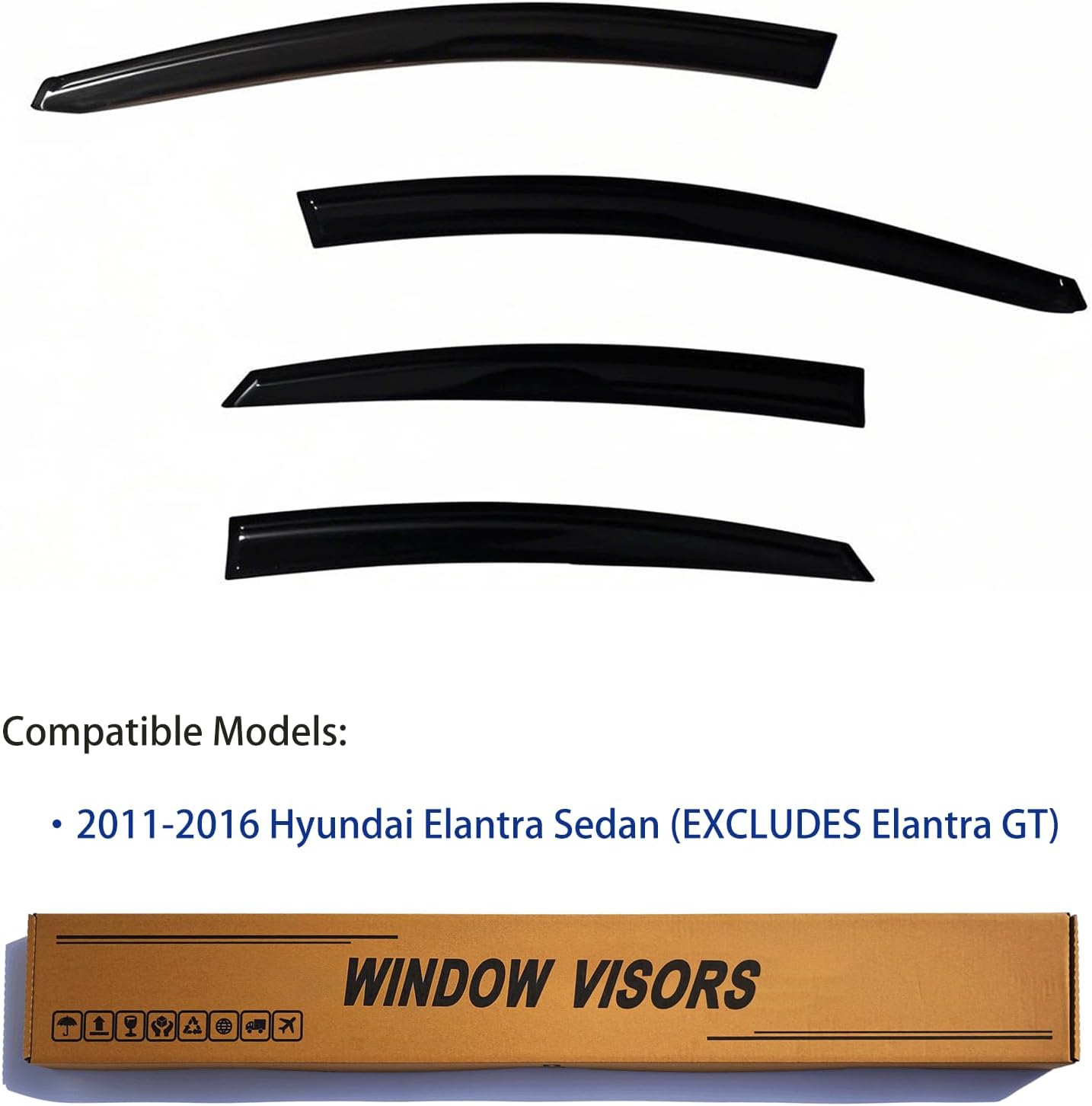 window visors rain guards fits 2011-2016 elantra sedan (excludes elantra gt), out-channel window wind deflectors vent shades accessories, dark smoke 4 pcs, 2012 2013 2014 2015 2011-2016 elantra(excludes elantra gt)