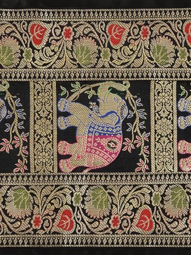 Image of Banarasi Brocade Zari Silk Table Runner Dinning & Centre Table Runner 177 By 30 CM (Black, Elephant)