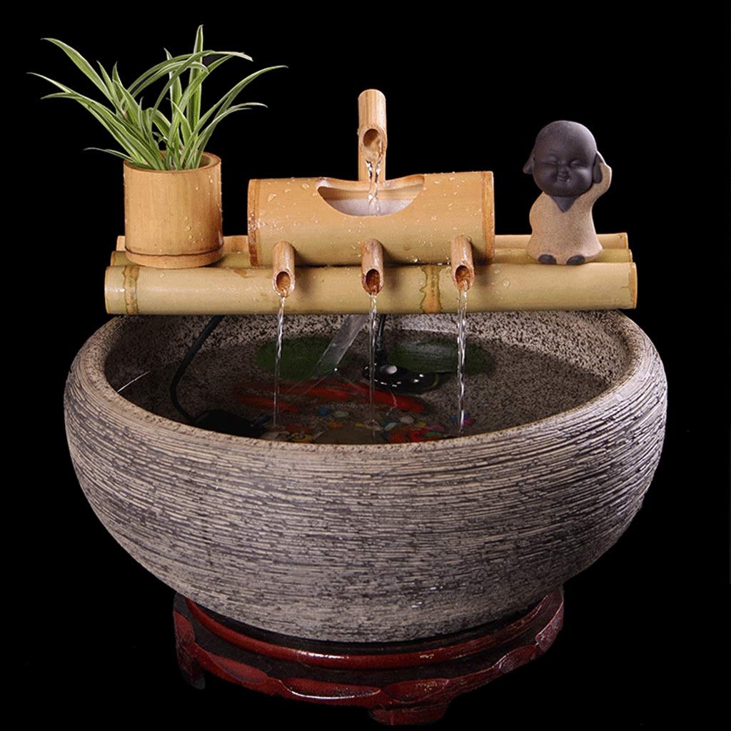 Bamboo Garden Zen Fontaine d'eau avec Pompe, intérieur/extérieur Ornements, 7,8 Pouces Base Ronde Plat, Lisse Split-résistant Bambou, Container Inclus