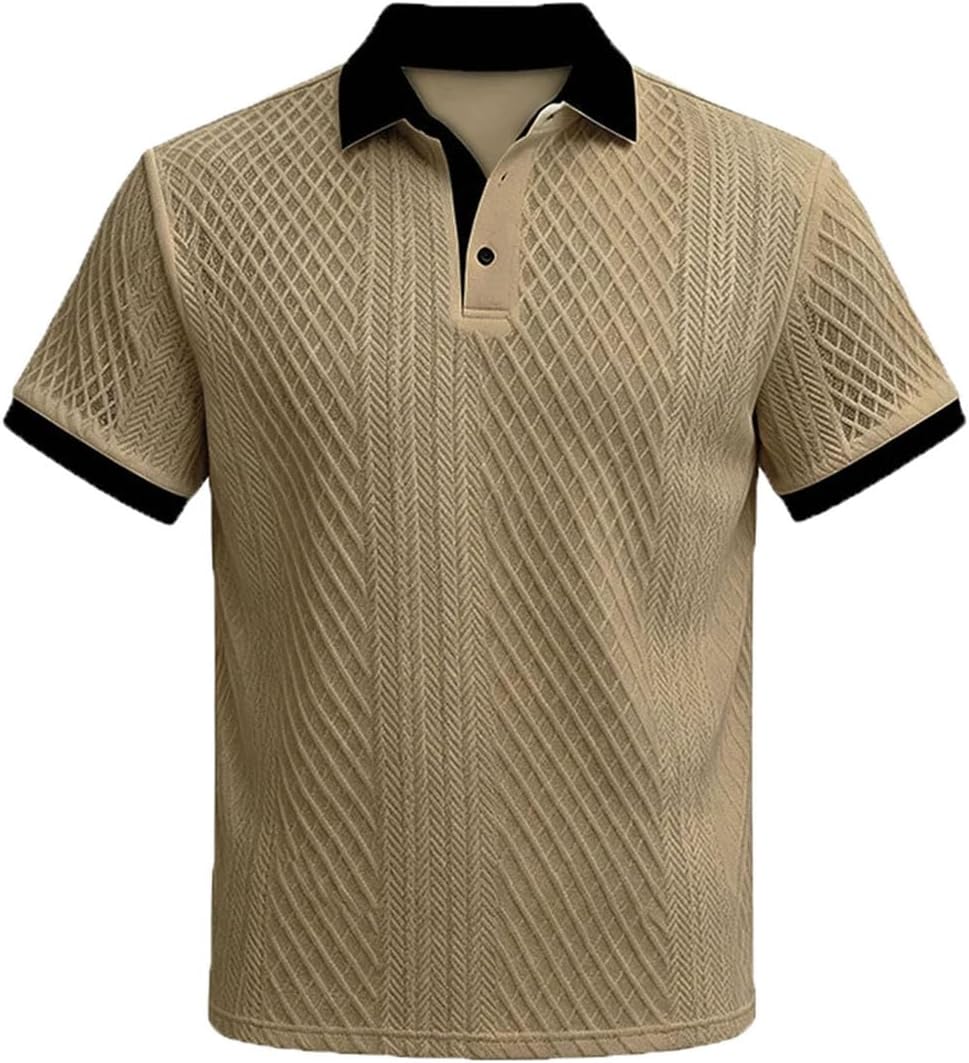 Mens Polo Shirt Textured Knit Short Sleeve Contrast Collar Loose Fit Breathable Casual Sport Top for Daily Wear