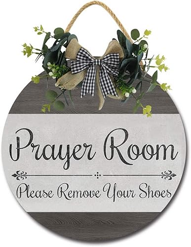 Letrero divertido para puerta delantera y exterior con texto en inglés "Prayer Room Please Remove Your Shoes for Front Door Out", divertidos