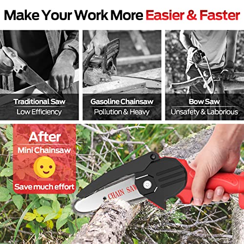Mini Chainsaw, Rlsoo Upgraded 4-Inch Battery Powered Cordless Chainsaw, Portable One-Handed Rechargeable Electric Chainsaw For Tree Trimming Branch Wood Cutting（2 Batteries, 3 Chains Included） #TOP3