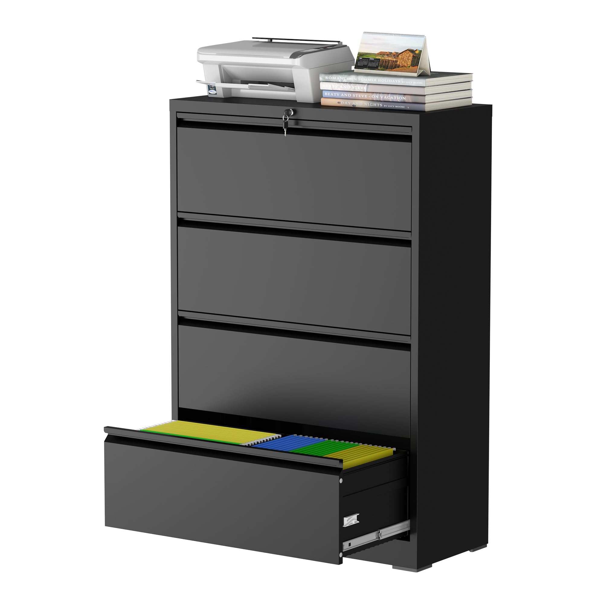 FOSTOKO 4 Drawer Lateral File Cabinet with Lock, Metal File Cabinets for Home Office, Steel Heavy-Duty Filing Storage Cabinet for Letters/Legal/A4 (