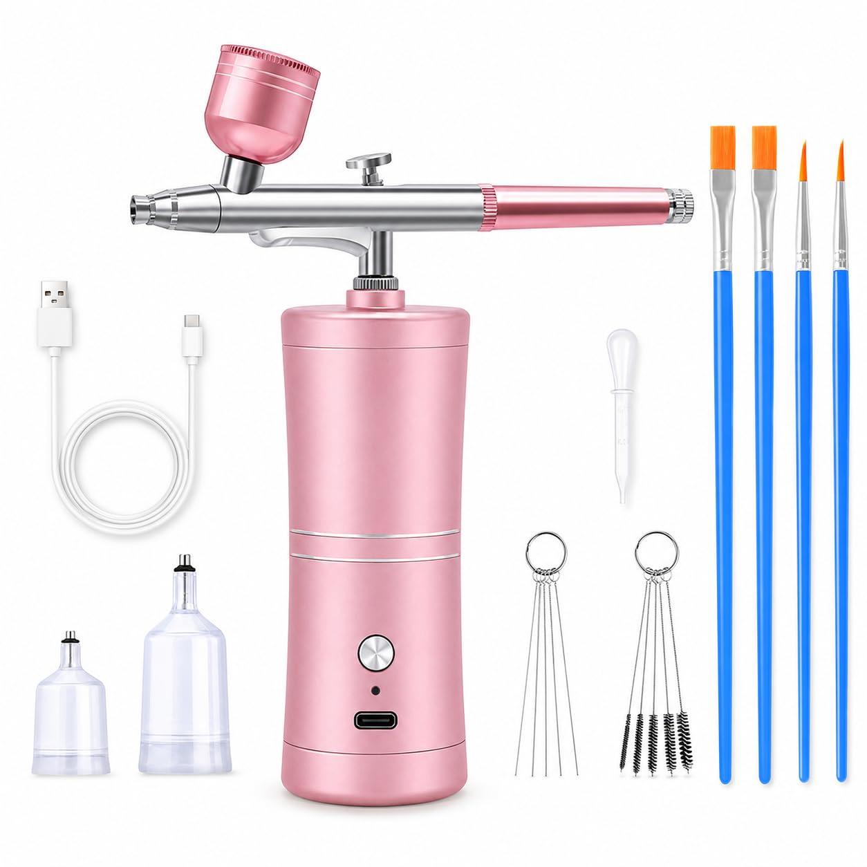 VOBOR Kit de Aerógrafo con Compresor de Aire, Inalámbrico Portátil Recargable de Mano, para Arte Uñas, Maquillaje, Decoración Pasteles, Modelismo, Tatuaje (Rosa)