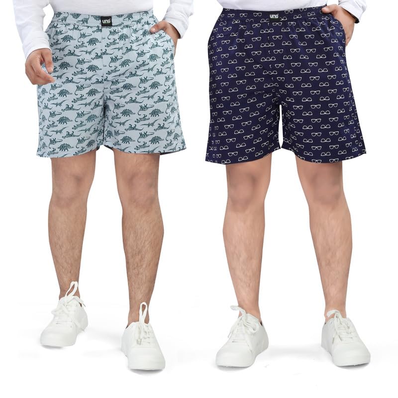 Image of UNOseven Shorts for Boys - 100% Cotton Printed with Side Pockets - Pack of 2 - Available from Size 7 Years to XL