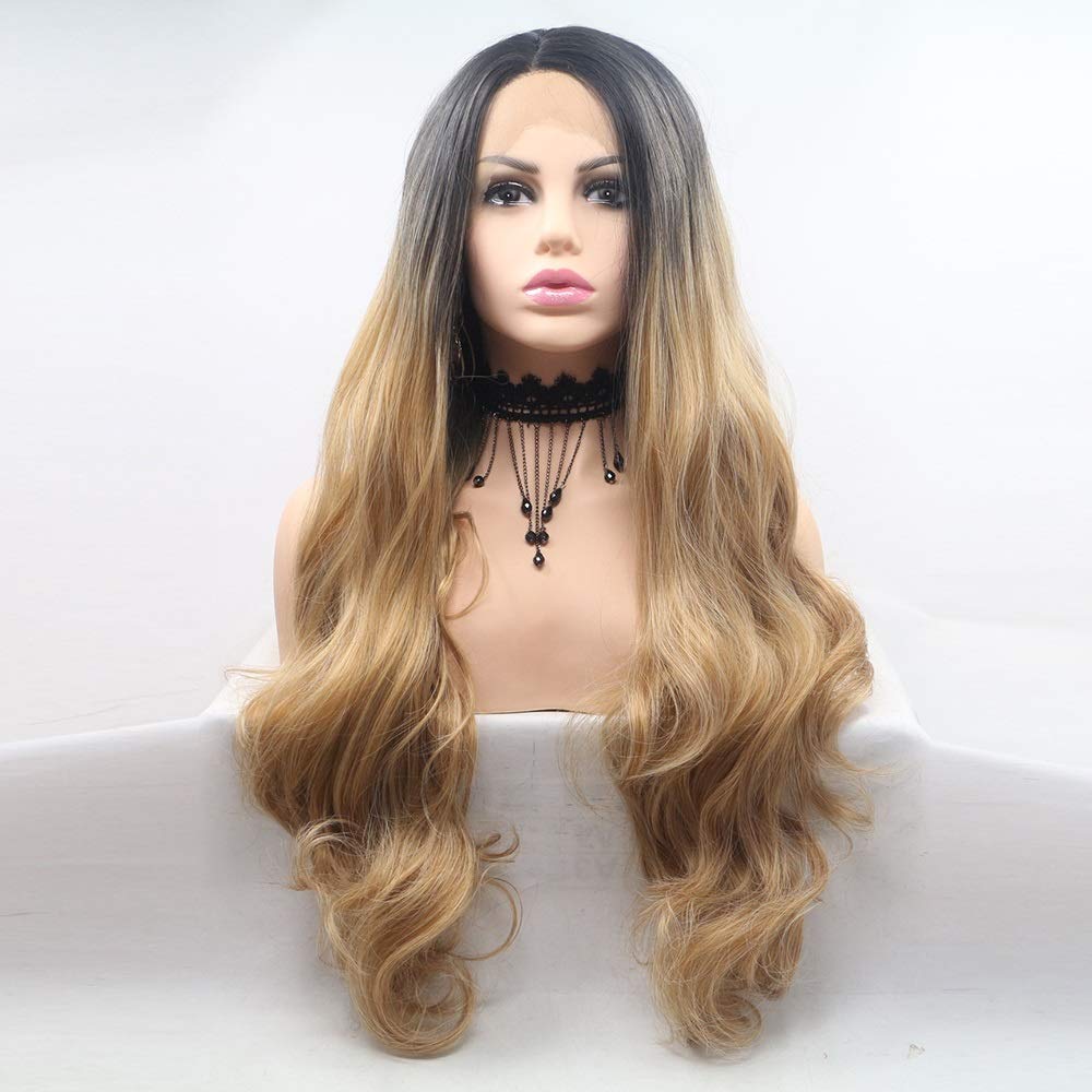 Perruque Lace Front fibre haute température style européen à grandes vagues dorées