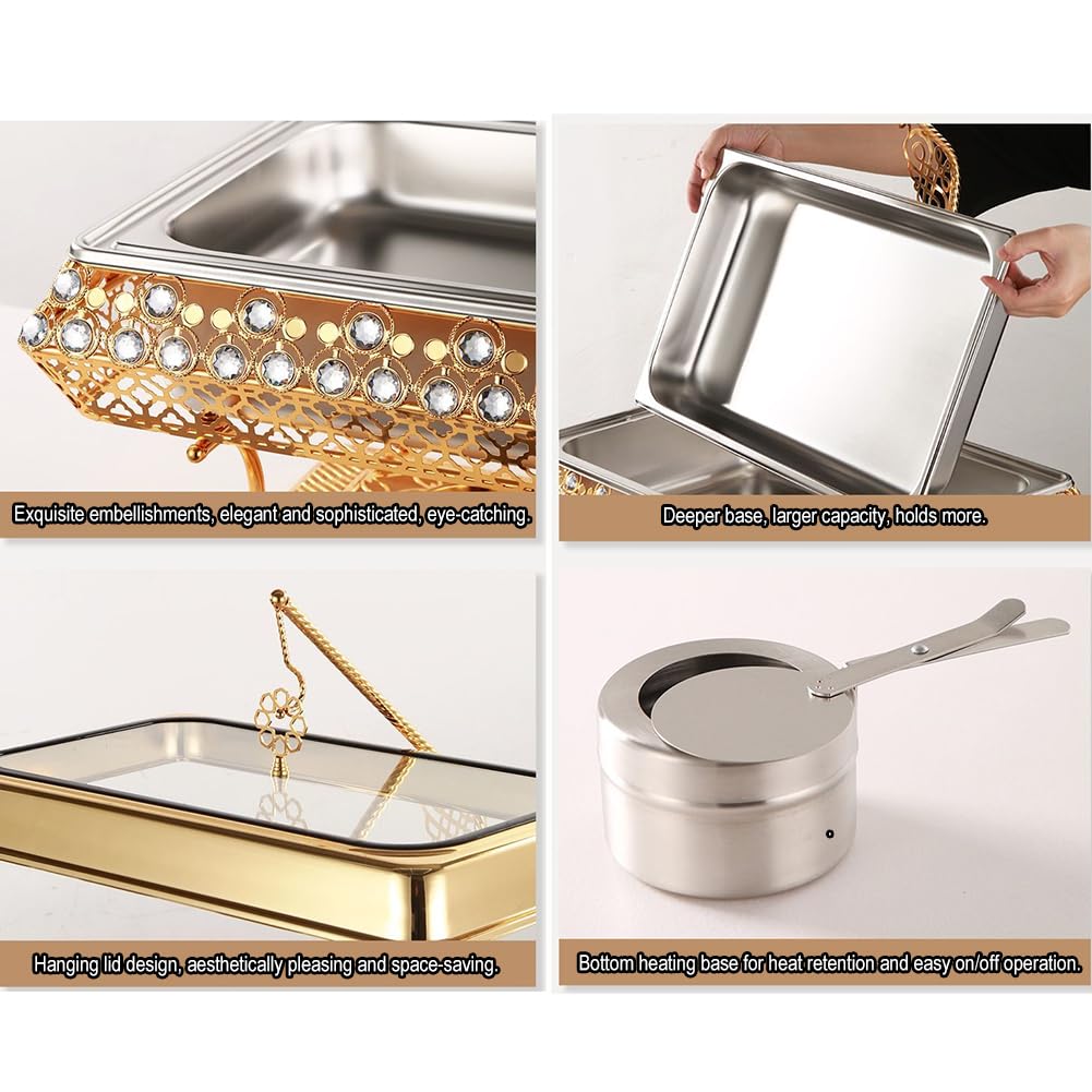 Calentador de Buffet Dorado de Acero Inoxidable, diseño de Tapa Colgante, Bandeja Comercial para Calentar Alimentos, Adecuado para restaurantes de hoteles, Banquetes y Fiestas