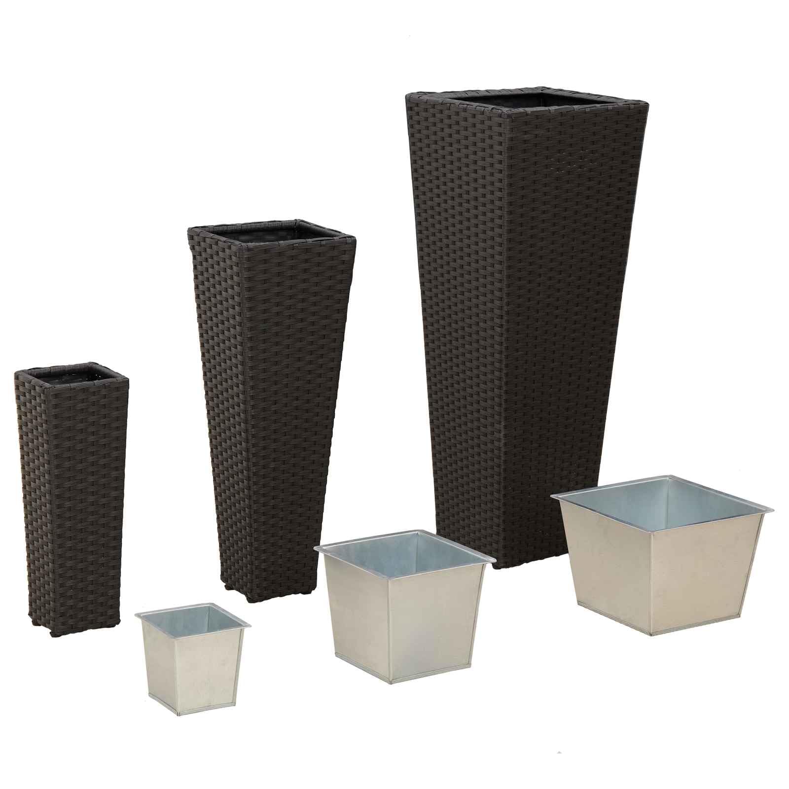 3er Set Pflanzkübel aus Metall Rattan-Optik Blumenkübel Schwarz | Stilvolle Blumenständer für Terrasse und Garten mit herausnehmbaren Innentöpfen für mühelose Pflanzenpflege.