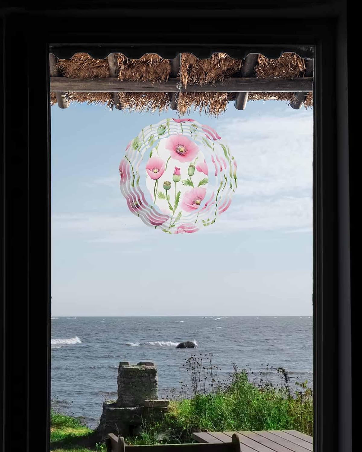 Pink Poppy Green Leaves Wind Spinners for Yard and Garden, Metal Wind Spinner Hanging for Outdoor Indoor, Valentine's Day Porch Garden Wind Sculptures Spring Summer Ornament Spinner 10inch(Round)
