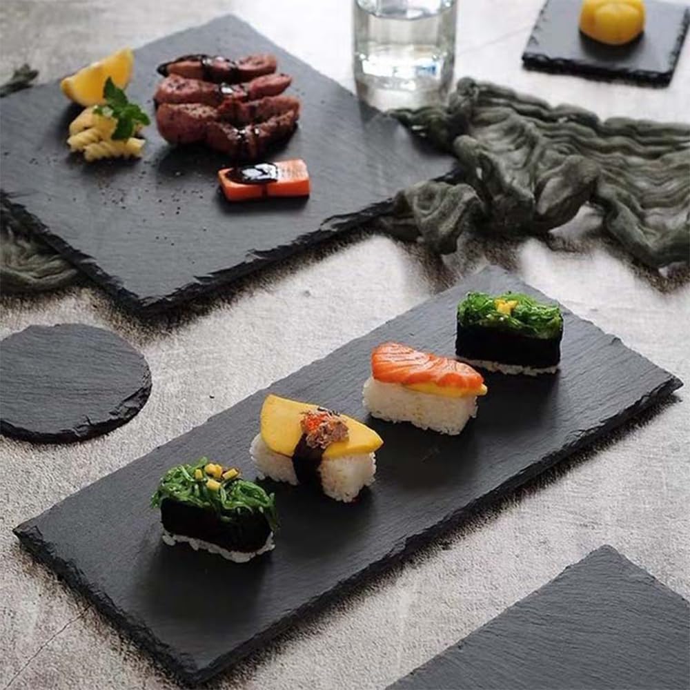 2 platos de pizarra para postres, sushi, platos grandes de pizarra para servir, platos para pizza, platos japoneses, platos de carne (cuadrados (15 cm x 15 cm)