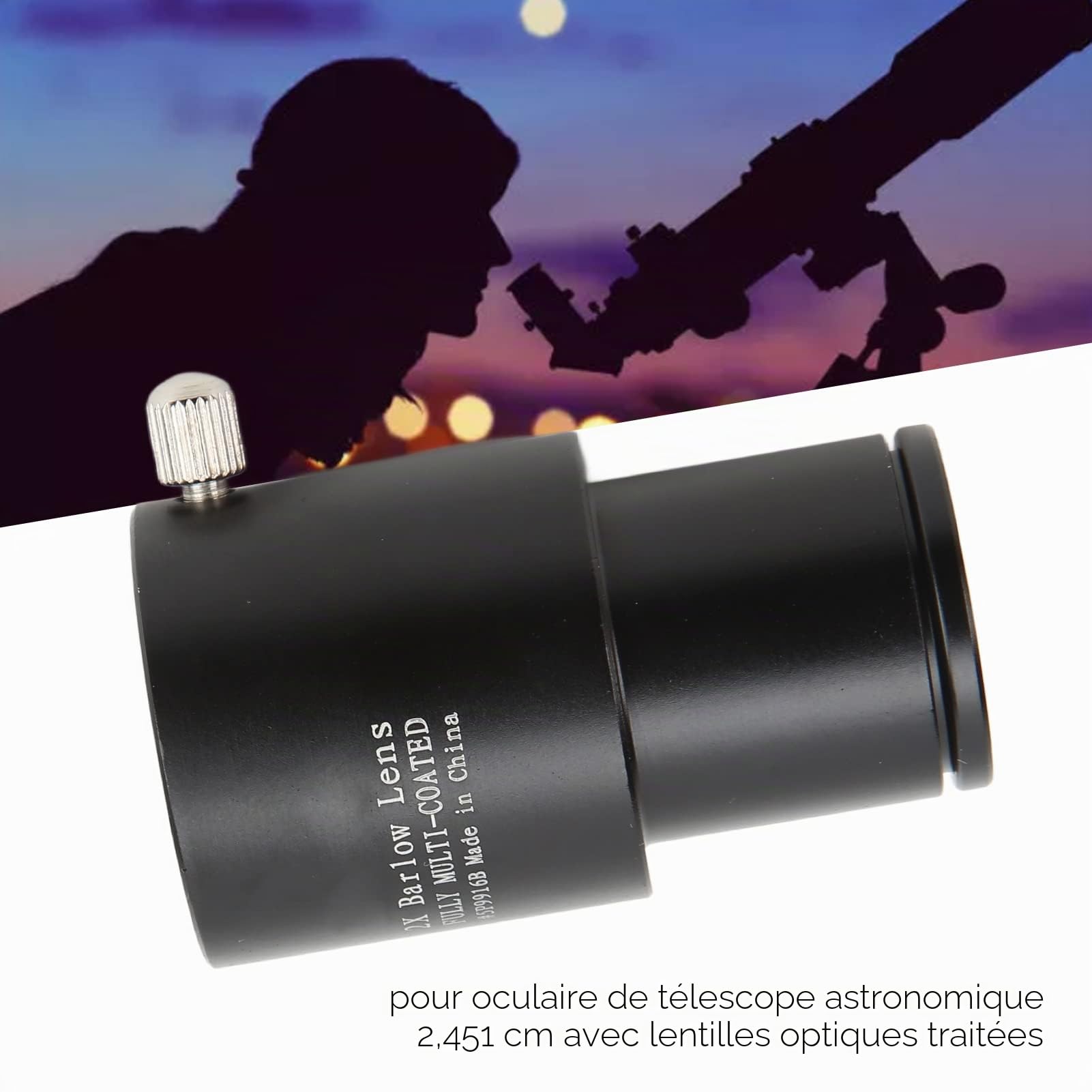 Lentille Barlow 2X, Lentille Barlow Optique Entièrement Multicouche de 0,965 Pouce, Lentille Barlow Métallique 24,5 Mm avec Film Vert FMC pour Oculaire de Télescope Astronomique