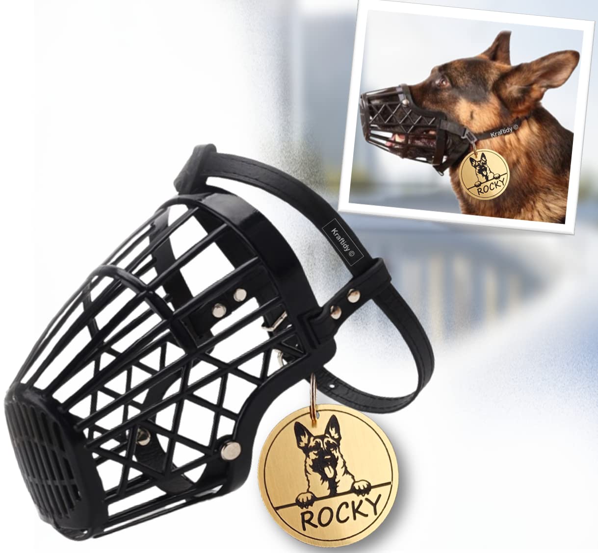 Kraftidy Dogs Muzzle with Name tag id Customized for Large, Medium Small Dogs Adjustable Muzzle for Dog Anti Barking Anti bite face Mouth Cover muzzles with Personalized Dog Name (Black) (B0BNBFS5K2) Amazon Price History, Amazon Price Tracker