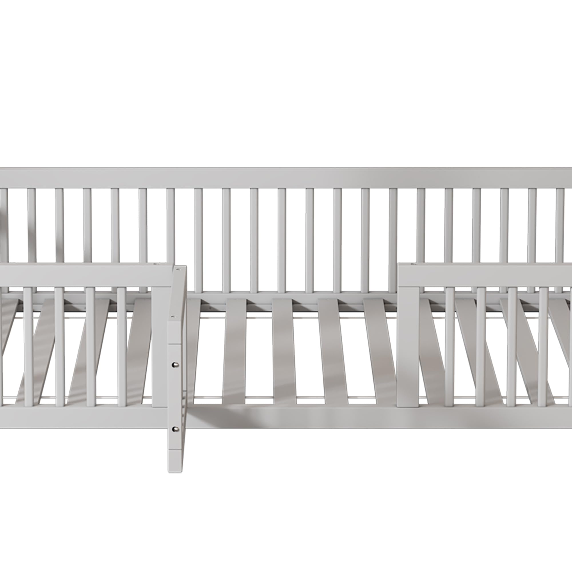 Kinderbett Hausbett 90x200 cm, Montessori Bodenbett mit Tür inkl. Rausfallschutz & Lattenrost, Massivholz Gitterbett Montessori Bett Babybett Kinder Jugendbett Einzelbett für Jungen & Mädchen, Weiß