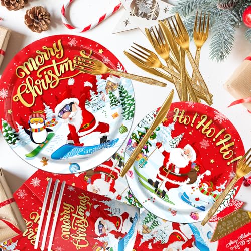 Christmas Party Supplies Tableware,142pcs Christmas Dinnerware Set Disposable Christmas Plates and Napkins Cups Tablecloth,Santa Plates for Xmas Holiday Christmas Party Decorations Kids – Image 5