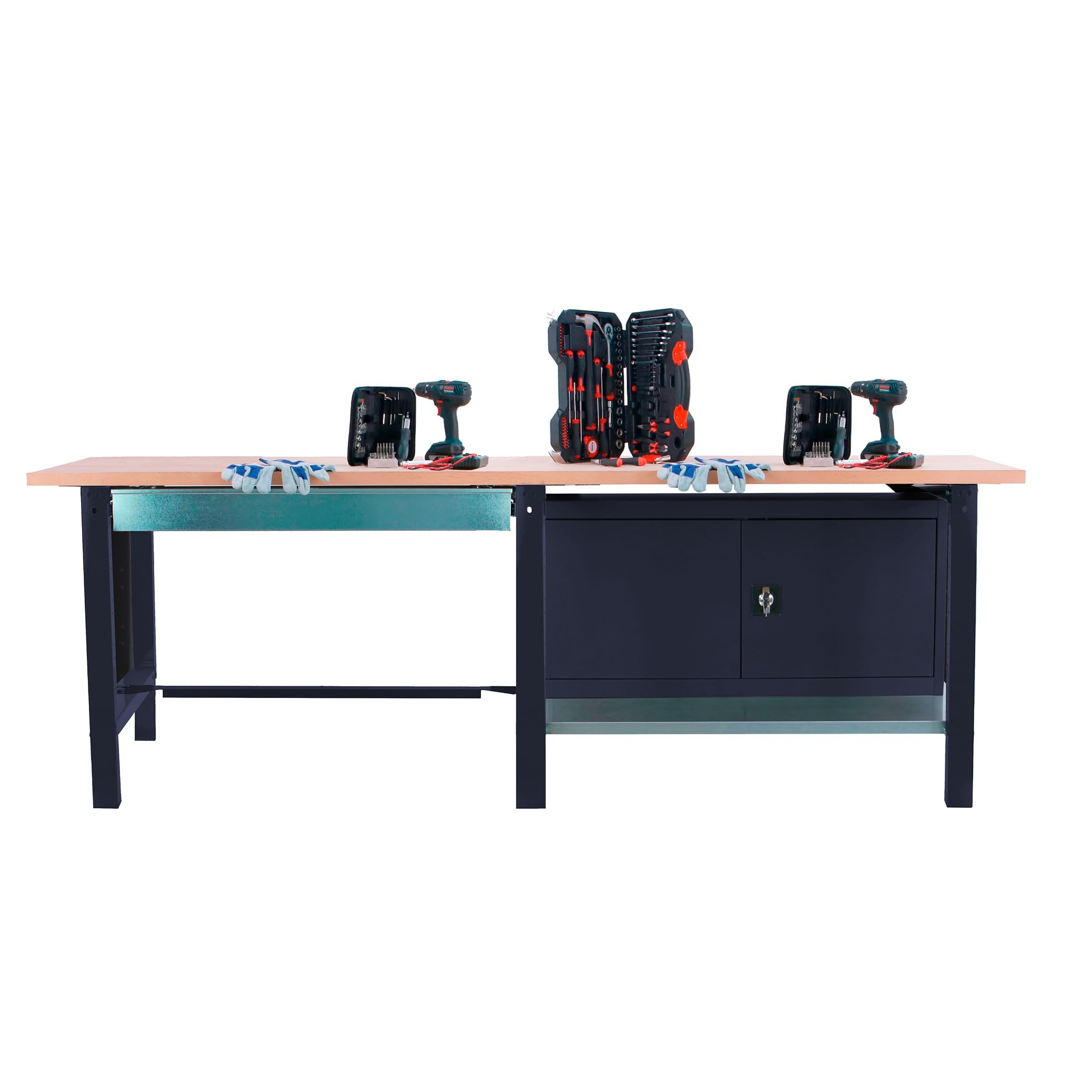 SimonRack Banco de Trabajo Taller Doble, Capacidad Carga 1000 kg, 865x2100x750 mm, 1 Cajón, Guarda Herramientas, Mesa de Trabajo, Antracita/Haya - BT6 PRO