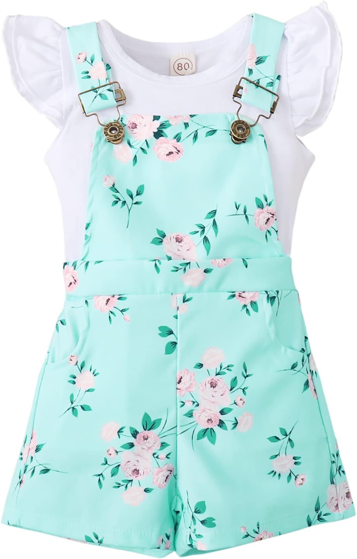 ROSEBEARBaby Girl Clothes Set Floral Overalls Romper Outfits 2Pcs Ruffle Sleeve Tops T-Shirt Suspender Pocket Shorts Floral