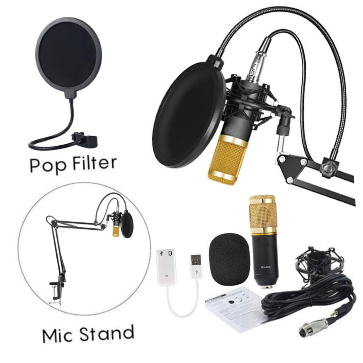 ifundom Kit de Micrófono Condensador y Filtro Antipop Bm-800 Negro con Soporte Metálico Alta Sensibilidad y Reducción de Ruido para Estudios de Grabación y Radiodifusión