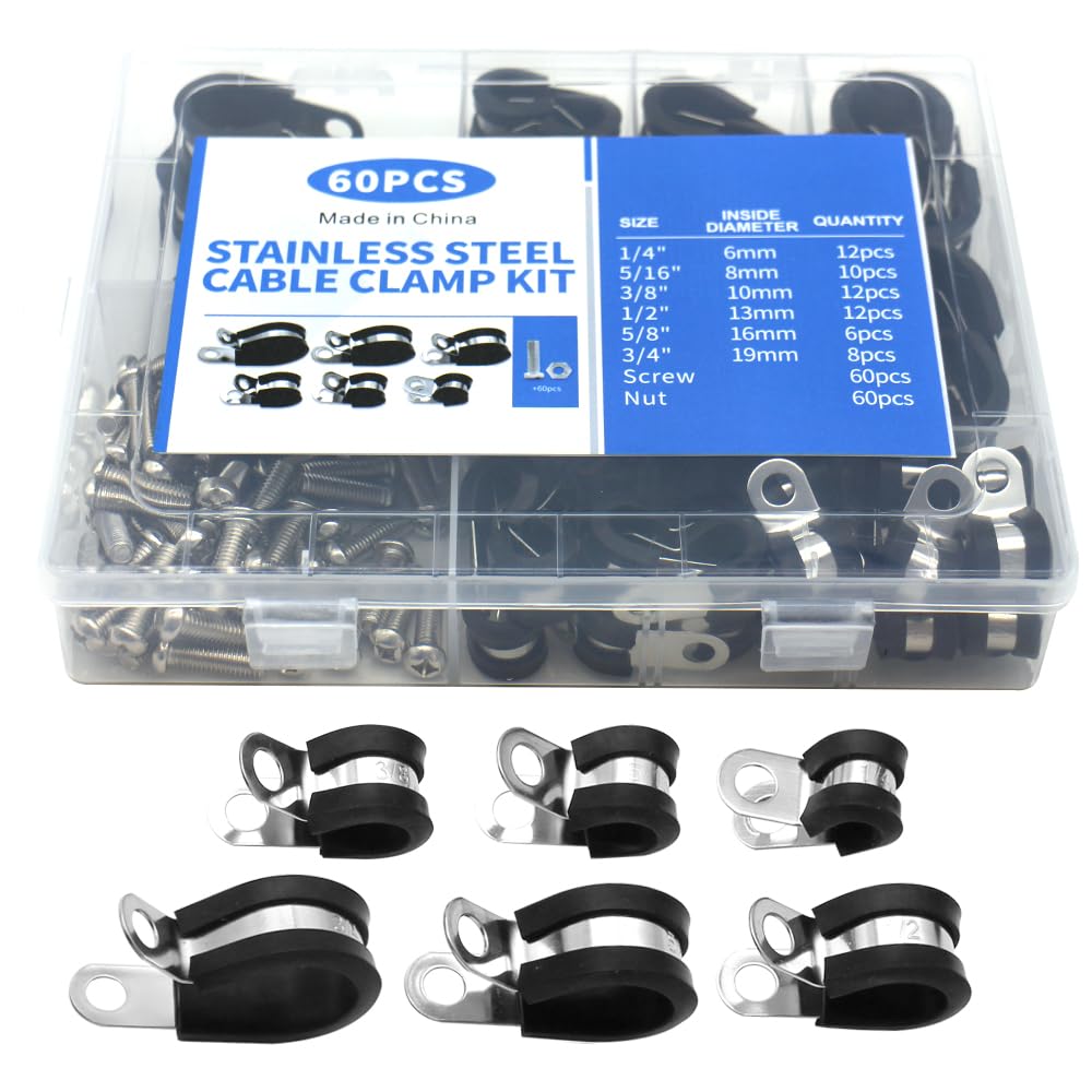 YQMIGU Wire Clamps For Cables Kit 180PCS(60 Screw 60 Nut), Insulated Rubber Cushioned On The Stainless Steel Surface, Size Is 1/4" 5/16" 3/8" 1/2" 5/8