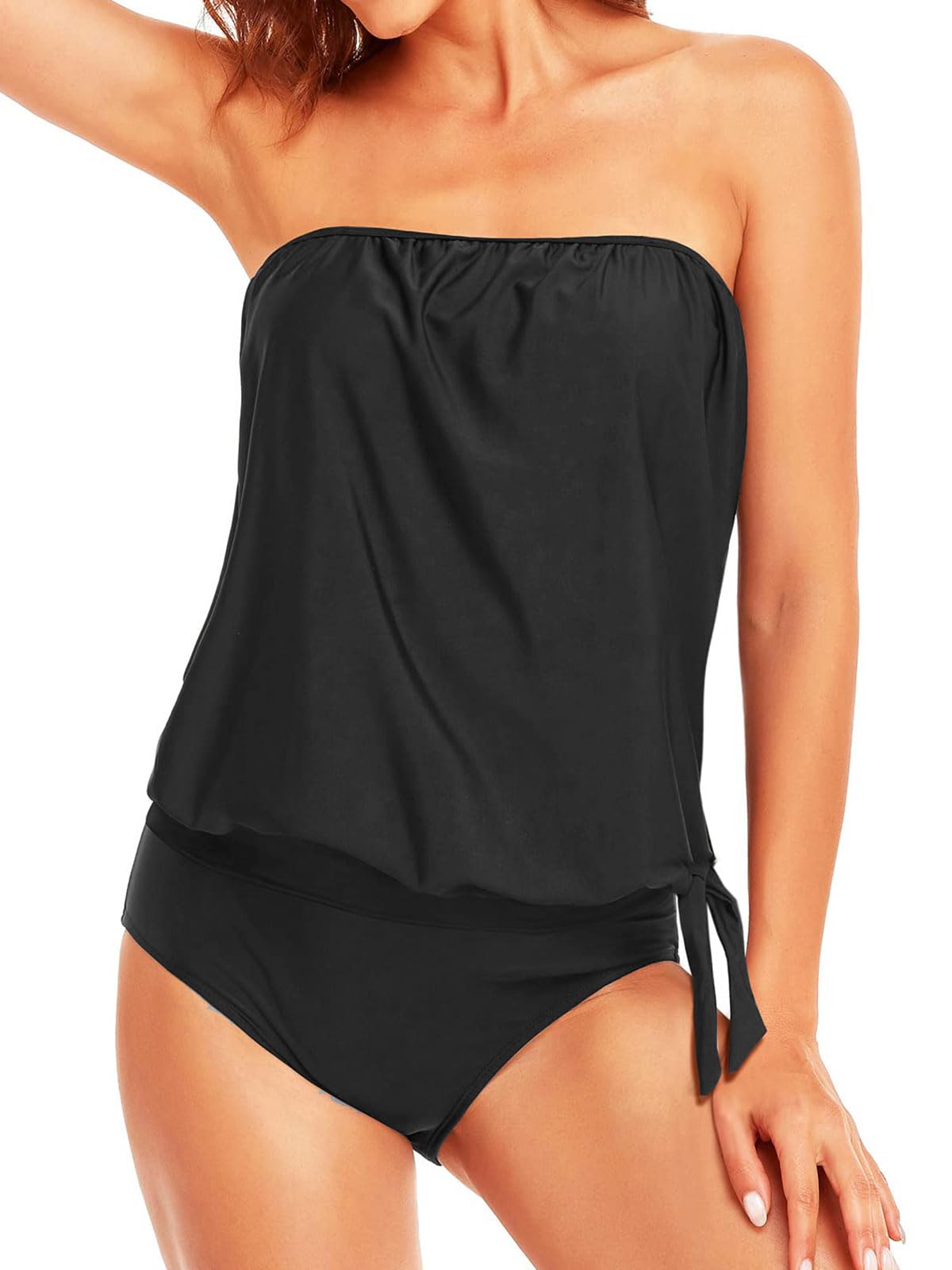 CheChury Tankini Sets for Women UK Padded Swimwear Removable Shoulder Strap Top with Briefs Strapless Bathing Suit Bandeau Swimming Costume Beachwear