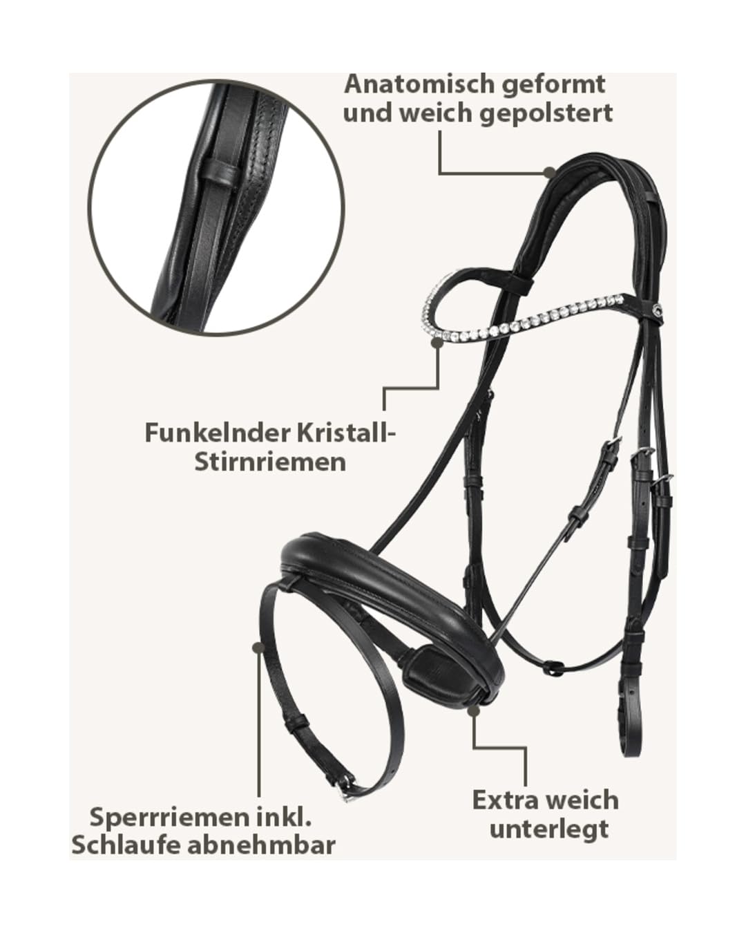 Trense Felis inkl. Zügel, anatomische Ledertrense mit weicher Polsterung, abnehmbarem Sperrriemen und Kristallstirnband