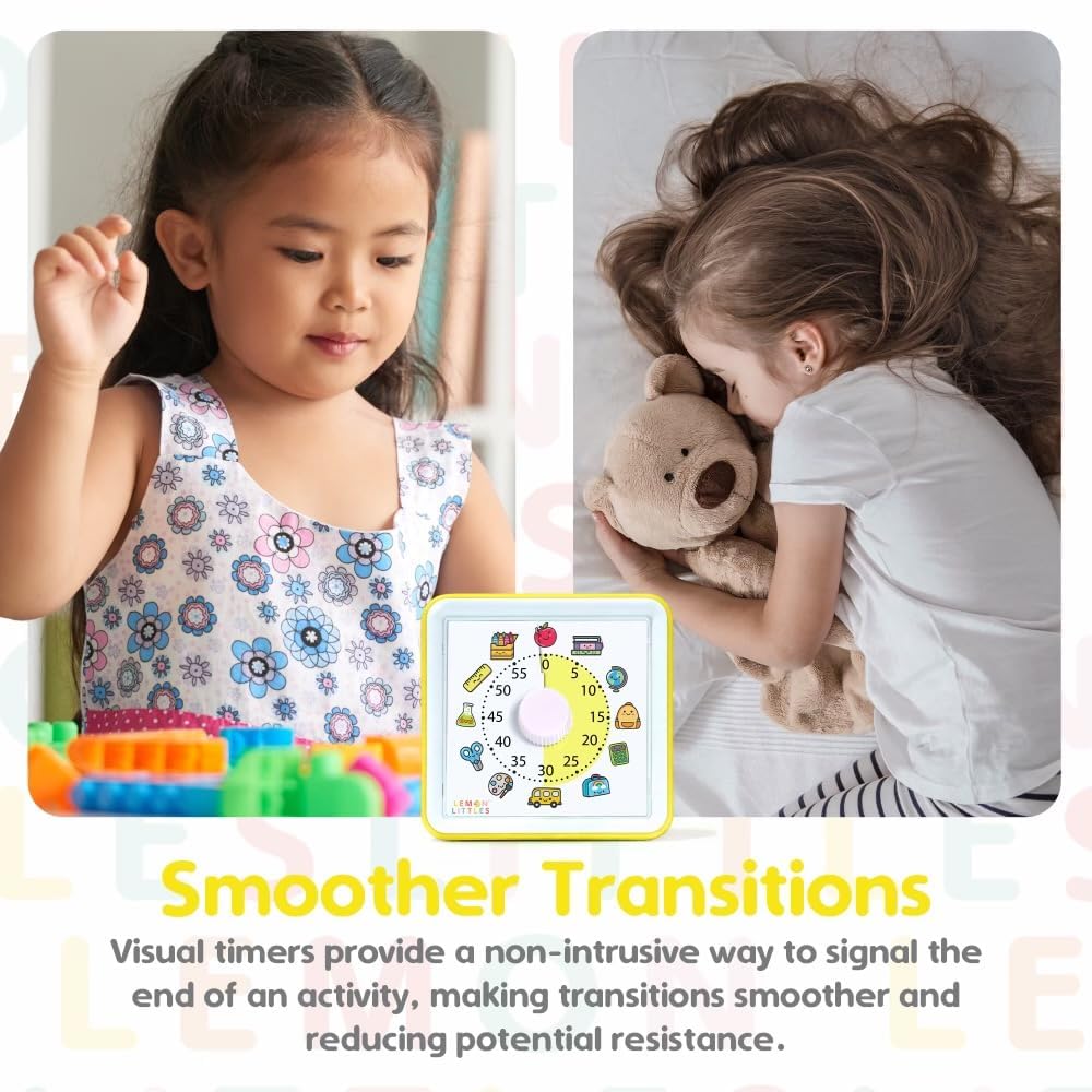 Lemon Littles Visual Timer For Kids - 60 Minute Silent Countdown Clock With Dinosaur Icons For ADHD, Autism, Classroom & Home