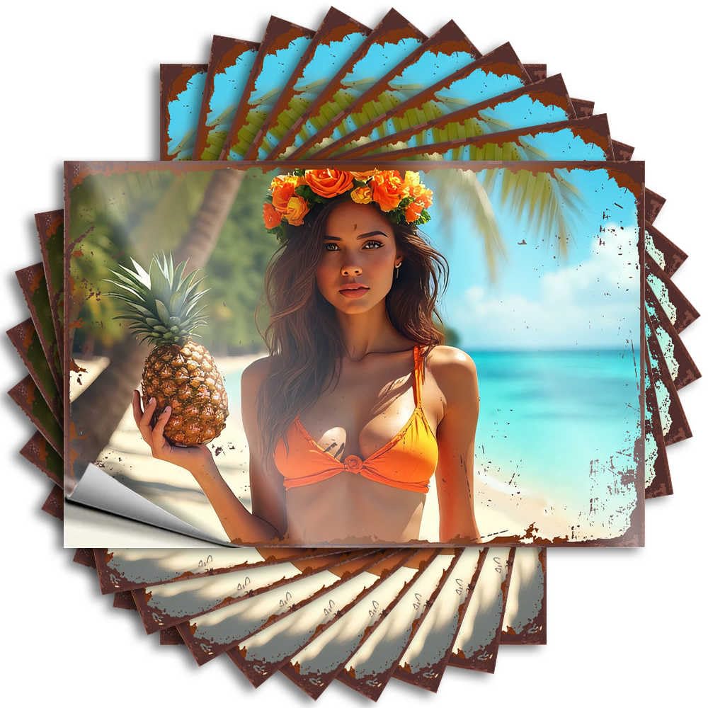 Farmhouse Porch Decor Sticker - Cats Western Window Beach Beauty with Tropical Pineapple Crown(12X18CM)