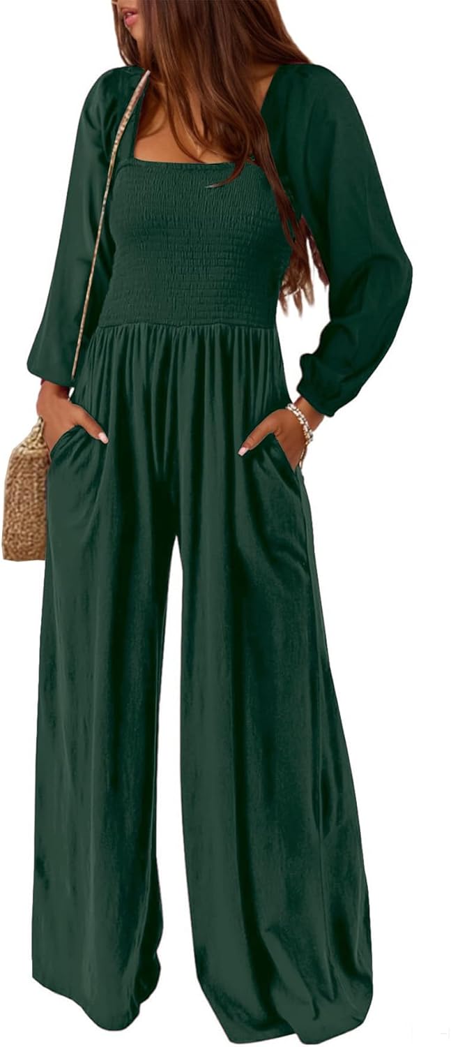 AUXDIO Womens Casual Square Neck Long Sleeve Jumpsuits Loose Smocked Wide Leg Romper with Pockets