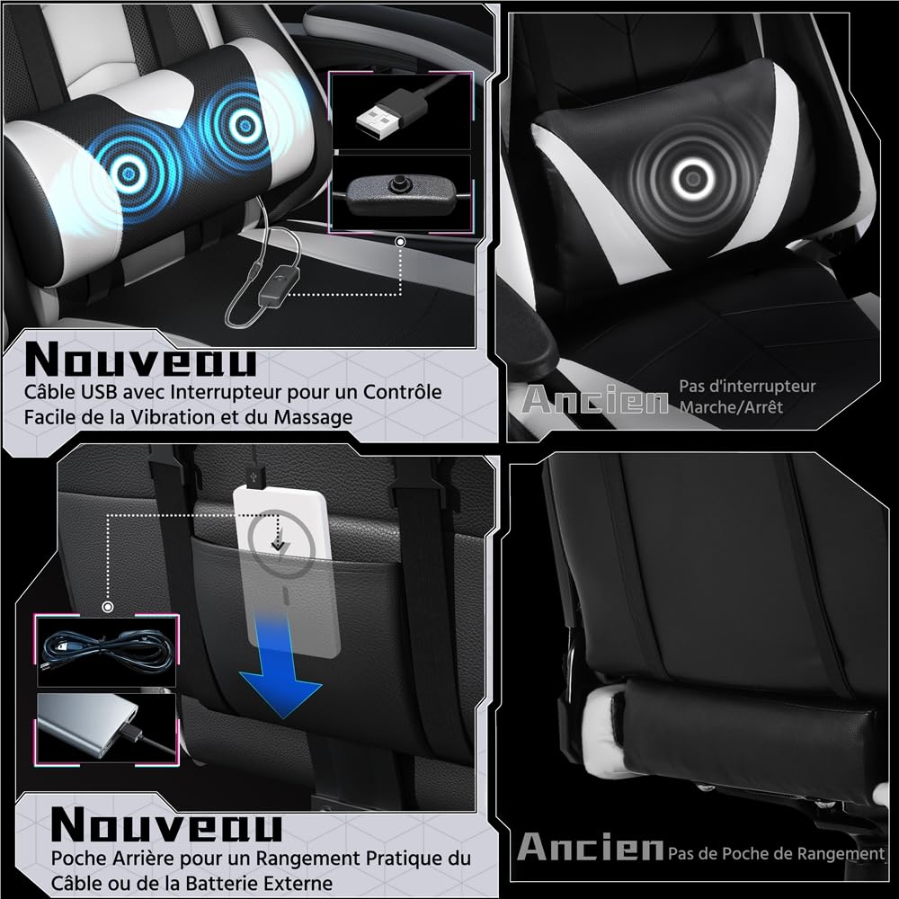 Yaheetech Chaise Gaming Ergonomique Massante avec Repose-Pieds Inclinable Rembourré en Similicuir, Fauteuil de Bureau avec Appui-tête et Support Lombaire Roues Pivotantes Blanc
