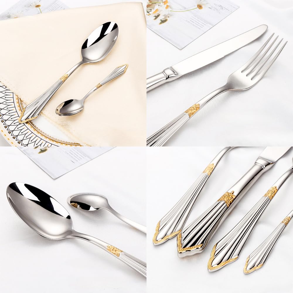 Manico in Rilievo Cucina in Acciaio Inox Argenteria Stoviglie Posate Set Posate Bistecca Coltello Forchetta Cucchiaio Cucchiaino (Argento Oro,16 pezzi)