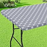 misaya Rectangle Vinyl Table Cloth, Elastic Fitted Tablecloth with Flannel Backing, Waterproof Plastic Table Cover Fits 4 Foot Folding Tables for Camping, Indoor and Outdoor (Grey, 30" x 48")