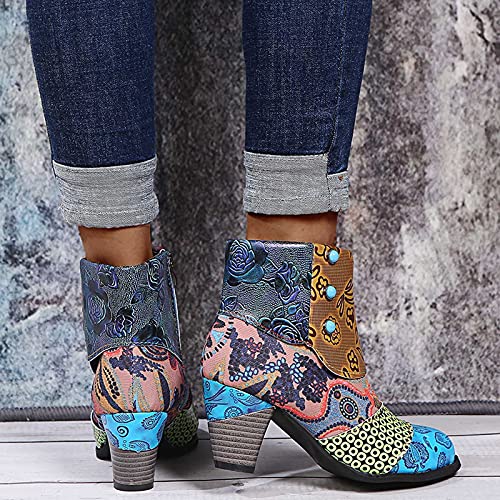Hbeylia Western Ankle Boots for Women Vintage Ethnic Boho Print Chunky High Heels Dress Short Boots Fashion Leather Almond Toe Pump Ankle Booties Fall Winter Dressy Block Heels Cowboy Boots4