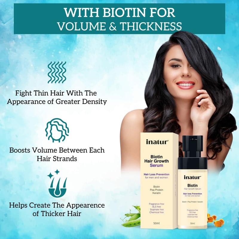 Image of inatur Biotin Hair Growth Serum for Women & Men | Hair Strengthening Treatment with Wheat Protein, Keratin, Rosemary Extract | For Thin Hair, Hair fall, Volume & Shine | Non-Sticky |50ml